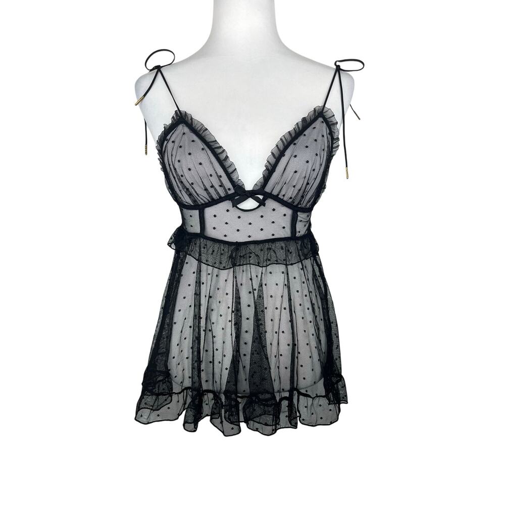 Coquette Black Polkadots Frilled Sheer Babydoll Chemise